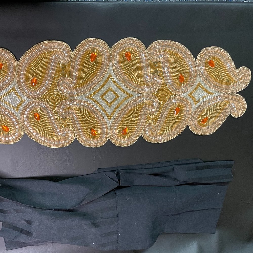 Designer Table Runner Beige, Gold, Silver & Orange Beads Luxury Item 13X36In NIP